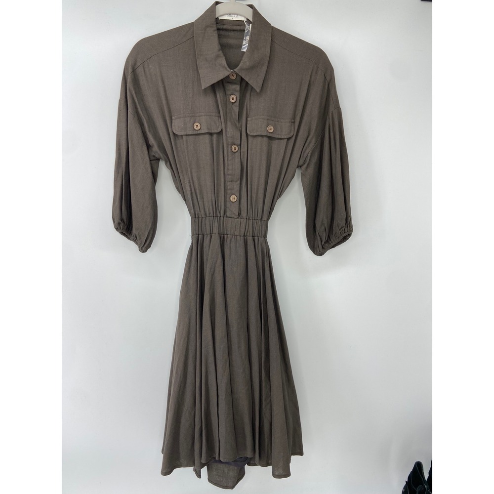 Mulla Dress Womens Medium Brown Linen Blend Cut Out Puff Sleeve Midi Camp Summer